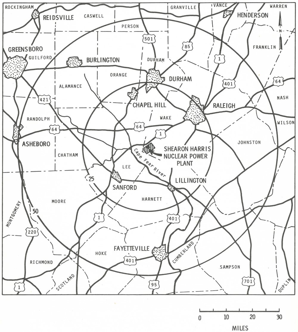 1974 Atomic Energy Commission map of the Shearon Harris Nuclear Power Plant site and surrounding North Carolina counties.