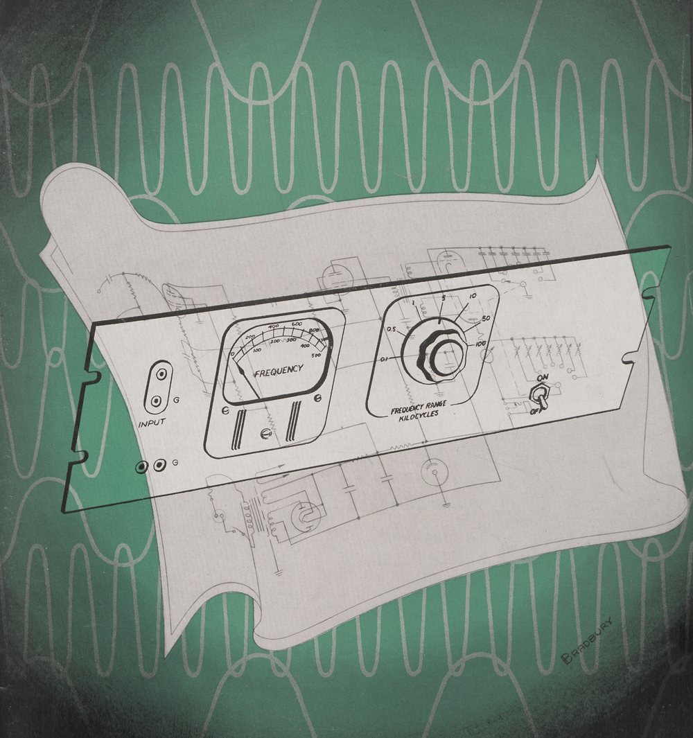 1951 magazine illustration of an electrical instrument panel with frequency dials over a green background of waveforms.